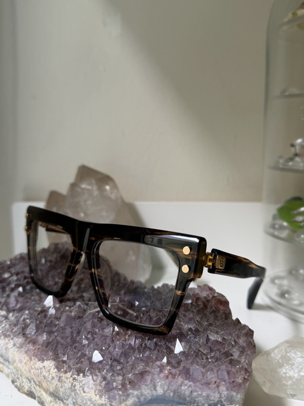 Balmain Tortoiseshell Style and Gold Square-Frame Glasses BPX182A520